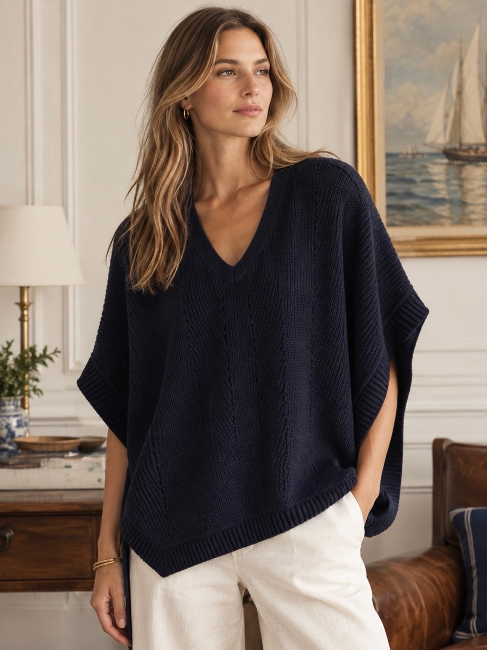 Talbots‎ Navy Blue V-Neck Pointelle Chevron Knit Poncho Sweater Medium Preppy